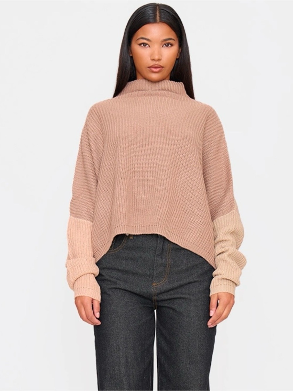 Mock-Neck Sweater in Multi-Color Pink & Beige